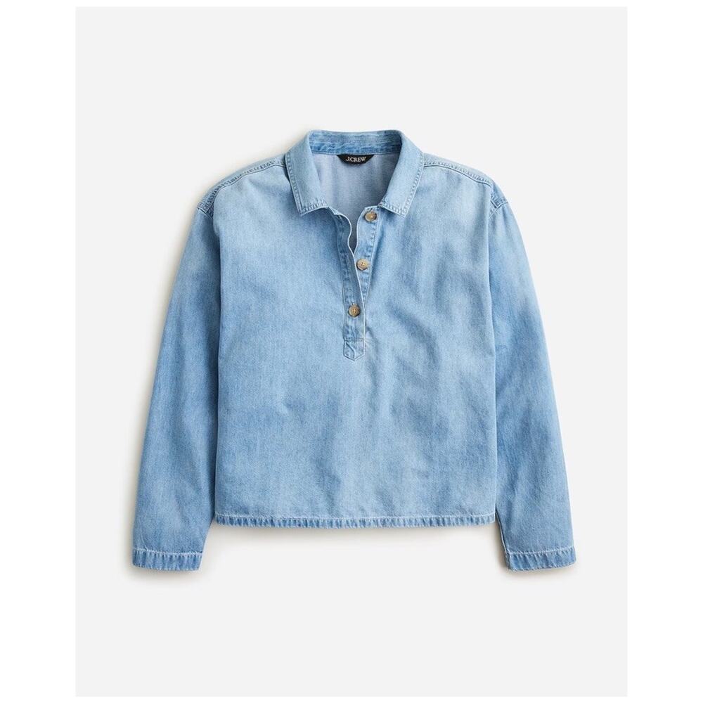 J. Crew Womens Popover Top Shirt Chambray Denim Cropped XL Oarsman Preppy
